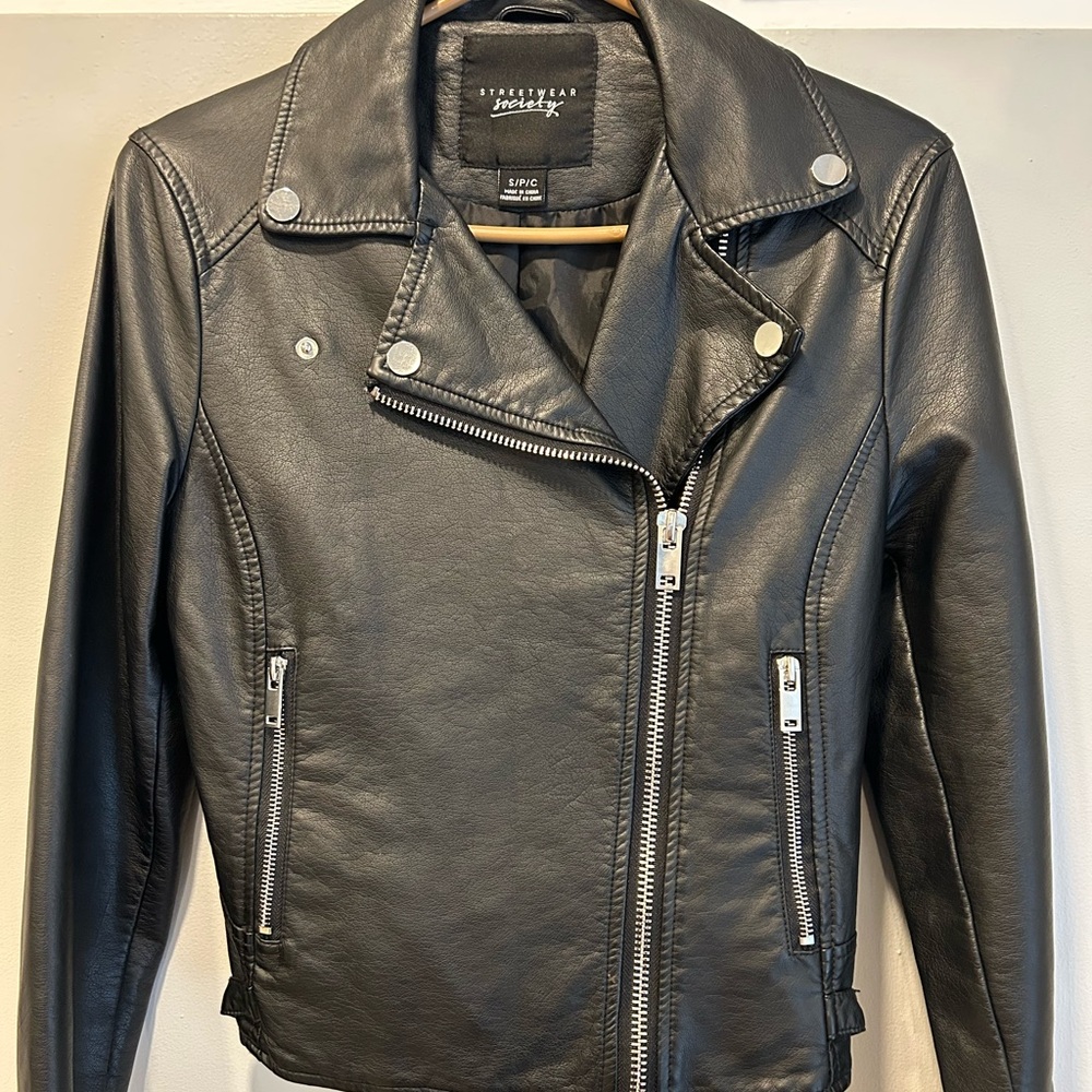 New without tags Faux Black Leather Biker Style Jacket. Size Small